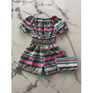 Meisjes Jumpsuit in mozaïek Groen, inclusief bijpassend tasje, verkrijgbaar in de maten 104 t/m 164
