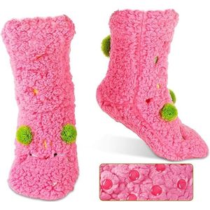 Lange katoenen sokken voor thuisgebruik - Cartoon antislip katoenen sokken - Verdikt lamsvacht voor herfst en winter - Unisex - Kerst warme huisvloersokken - Roze