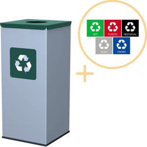 Alda Eco Square Bin, Prullenbak - 60L - Grijs/Groen - Afvalscheiding Prullenbakken - Gemakkelijk Afval Scheiden – Recyclen - Afvalemmer - Vuilnisbak voor huishouden en kantoor - Afvalbakken - Inclusief 5-delige Stickerset