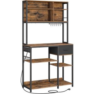 FurnStar - Keukenplank met stopcontacten - Staande plank - Magnetronplank - Verstelbare planken - Stoffen lade 12 haken - 40 x 100 x 180 cm - Magnetron Keuken - Vintage Bruin - Inkt Zwart