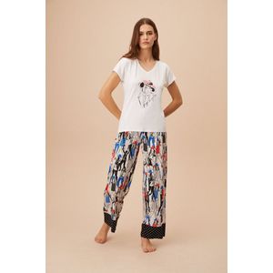 Suwen- Dames Pyjama Set Homewear -Satijn - Zwart Print Maat M