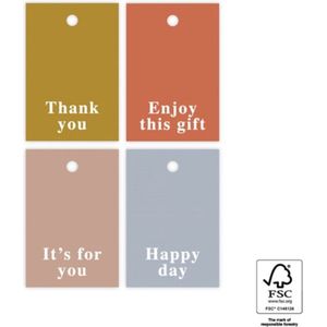 Label Kaartje - Kadolabel – Taupe / Blauw / Oranje / Groen | Teksten - Thank you / Enjoy this gift / It's for you / Happy day - HOP | Karton incl. boorgaatje | Cadeau - Gift Tag - Leuk verpakt| Geschenk - Tag