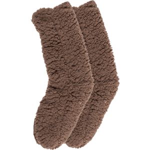 Huissokken van Out of the Blue - Warme sokken Fluffy met antislipzool - Bruin - Gratis verzonden