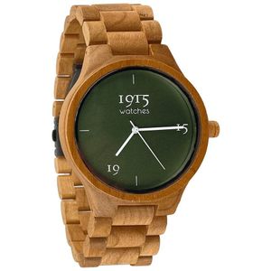 1915 Watch Origin Dunes - Ø 46 mm - Heren Horloge - Kersenhout - Polshorloge - Houten Horloge - 1915 watches - Duurzaam Cadeau - Inclusief Geschenkdoos - Cherrywood Watch - Herenhorloge - Horloge Geschenkset - Groen