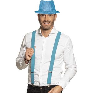 Toppers - Carnaval verkleedset Partyman - glitter hoedje en bretels - lichtblauw - heren - verkleedkleding