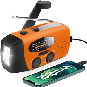 Noodradio met handzwengel en LED-zaklamp – AM/FM weerwaarschuwing radio – 2000 mAh powerbank – Zonne-energie & USB-oplaadbaar – Compacte draagbare noodradio voor kamperen, noodsituaties & stroomuitval – Multifunctionele weer radio – Oranje