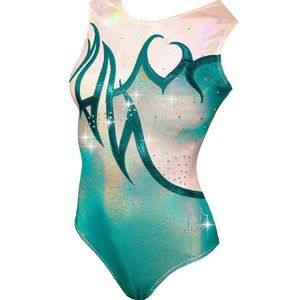 Fairysports Turnpakje Cyan maat 116-122 meisjes gympakje aqua mint zilver met zilveren steentjes