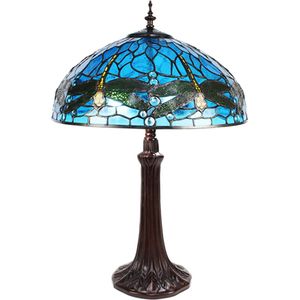 LumiLamp Tiffany Tafellamp Ø 41x57 cm Blauw Metaal Glas Libelle Tiffany Bureaulamp