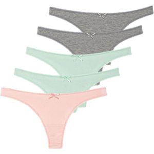 5 stuks Katoenen dames strings - Grijs-Mint-Roze - Maat L