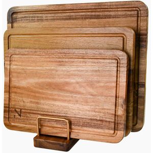 Noctis 3-Delige Acaciahouten Snijplankenset Met Luxe Houder (33x40/ 27x36/ 22x33 cm) - Snijplanken, Serveerplank, Kaasplank, Borrelplank - Houten Snijplank