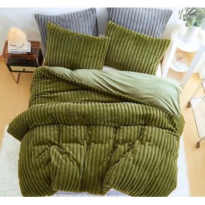 Warm fleece winterbeddengoed, 135 x 200 cm, groen, kasjmier, touch, pluche dekbedovertrek, 2-delig, pluizig konijnenvacht, olijfgroen, fleece, microvezel, winterbeddengoed met ritssluiting