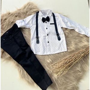 luxe jongens kledij- vierdelige katoenen jongens set-4 delig kinderpak- gestippeld overhemd, verstelbare bretels en vlinderdas- kostuumbroek (donkerbeige),hemd en strikje - feest outfit-bruidsjonkers-bruiloft-communie-verjaardag- 7 jaar-maat 122