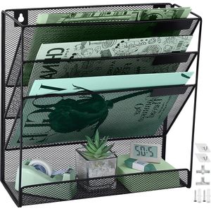 Mesh Muur Bestand Houder Organizer met Bodem Platte Lade - Kantoor Opknoping File Map Tijdschrift Rack - Zwart