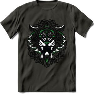 Tijger - Dieren Mandala T-Shirt | Groen | Grappig Verjaardag Zentangle Dierenkop Cadeau Shirt | Dames - Heren - Unisex | Wildlife Tshirt Kleding Kado | - Donker Grijs - XXL