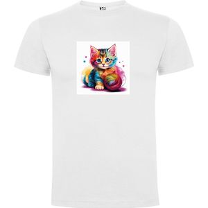 Wit T-Shirt met “ Kleurrijke Kitten met bol wol “ Print Full Color Maat 3XL