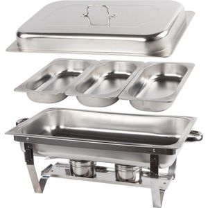 Alora Chafing Dish chrome 3 bakken - voedsel verwamer - voedsel warmhouden - met deksel - buffetwarmer - roestvrij staal - chrome - warmhoudplaat - bain maria - warmhoudbakken - Warmhoudschalen