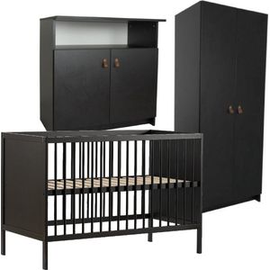 Cabino Babykamer Zwart 3 Delig Baby Bed Lola + Commode Yara + Kledingkast Yara