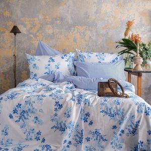 Beddengoedset 135 x 200 katoenen strepen bloemen omkeerbaar blauw dekbedovertrekken (135 x 200 + 80 x 80 cm)