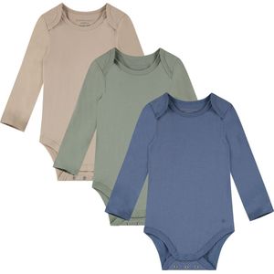 Bamboo Basics Bobby - Bamboe Baby Meegroei Romper (Multipack 3 stuks) - Lange Mouwen - Zijdezacht - Ademend - Beige, Groen & Blauw - 74