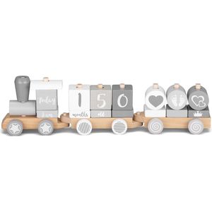 Navaris houten trein voor peuters - Speelgoedtrein van hout met blokken met tekst - Peuterspeelgoed - Decoratieve trein - 20 delen