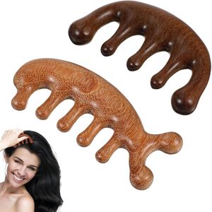 Allecto plus - Set van 2 Gua Sha massagekammen van sandelhout voor hoofd- en nekmassage - Natuurlijke houten kam voor acupressuur, ontspanning en haarverzorging in het bruin - Brede tanden