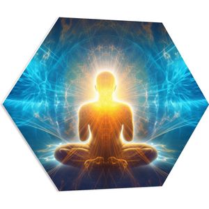 PVC Schuimplaat Hexagon - Mediteren - Meditatie - Lotushouding - Blauw - Oranje - 80x69.6 cm Foto op Hexagon (Met Ophangsysteem)