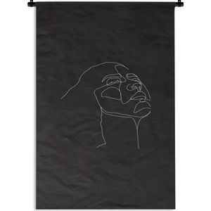 Wandkleed Line-art Vrouwengezicht - 4 - Line-art illustratie bovenkant vrouwengezicht op een zwarte achtergrond Wandkleed katoen 120x180 cm - Wandtapijt met foto XXL / Groot formaat!