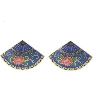 Behave Oorbellen stekers goud kleur bloem patroon blauw emaille 2,5 cm