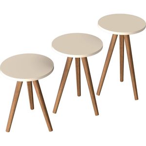 In And OutdoorMatch Bijzettafel Agnes - Set van 3 - Rond - Houtkleurig en Crème - Spaanplaat en Hout - Stijlvol design