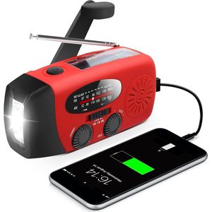 Noodradio Opwindbaar - 2000 mAh - Radio Met Accu Batterij Voor Noodsituaties - Noodpakket - Opwindbaar - Solar - Zaklamp - Powerbank - Noodradio Op Batterijen - Rood - Voor Rampen/Camping - Draagbare