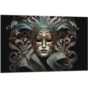 Vlag - Wit Venetiaanse carnavals Masker met Blauwe en Gouden Details tegen Zwarte Achtergrond - 105x70 cm Foto op Polyester Vlag