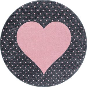 Flycarpets Kids Rond Vloerkleed Kinderkamer Hart - Roze / Grijs - Laagpolig - 160x160 cm