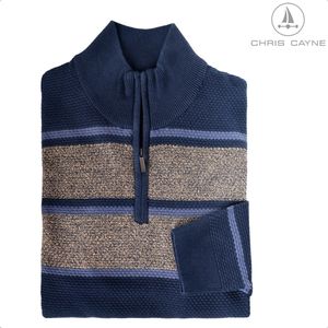 Chris Cayne donkerblauwe schipperstrui met geplaatste streep - maat M - kleur donkerblauw met streeppatroon in camel kleur - los gebreid - heren pullover met korte rits - herenmode - herenkleding - gebreid