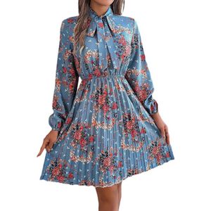 Elegante jurk met bloemenprint, vetersluiting, lange mouwen, geplooide jurk, casual mini-jurk met geplooide zoom en feestjurk