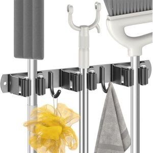 Selbro ® Bezemhouder voor wandmontage met 3 houders en 2 haken, roestvrijstalen bezemhouder - zwart