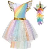 Eenhoorn jurk unicorn jurk eenhoorn kostuum - 116-122 (M) regenboog jurk verkleed jurk + haarband - Prinsessenjurk meisje speelgoed verjaardag