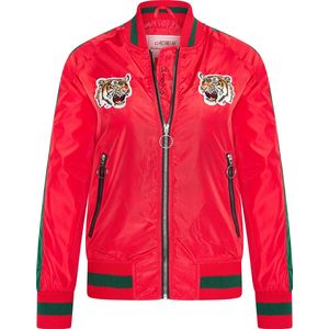 MHM Fashion - Dames Jas zomer Bomber Jacket Tiger Heads Zwart - Rood - Maat S (valt klein)