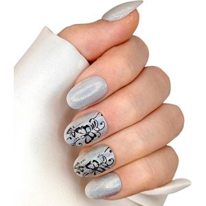 SD Press on Nails - B-110 - Plaknagels - Nagelset 20 Nagels - Holografisch Zilver Vlinder - Gellak - Nagellak - Kort Ronde Nageltips - Nepnagels met Lijm - Kunstnagels - Nail Art - Handmade - Valse nagels - Nagelvijl - Accessoires - Korte Nagels