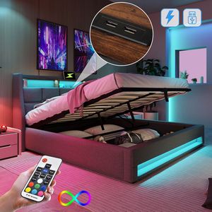 KOMHTOM Tweepersoonsbed Bed volwassenen Gestoffeerd met USB LED bed met metalen lattenbodem 180x200 cm Grijs