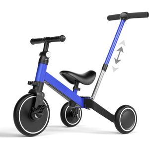 Driewieler 4 in 1 - Verstelbare Loopfiets - 1 tot 4 jaar - Kinderloopfiets met Duwstang - 62 tot 92cm Duwstang - Balance Bike - Blauw