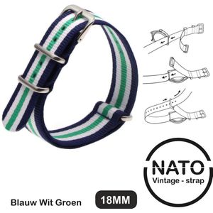 Stijlvolle 18mm Premium Nato Blauw wit Groen gestreept Horlogeband: Ontdek de Vintage James Bond Look! Perfect voor Mannen, uit onze Exclusieve Nato Strap Collectie!