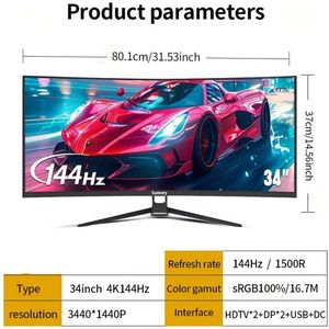 34 inch Curved Monitor – Ultrawide Scherm – Gaming Monitor – LED Display – Computer Monitor – 4K Resolutie – 144Hz Verversingssnelheid