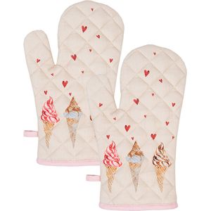 HAES DECO - Set van 2 Ovenwanten voor een Kind - formaat 12x21 cm - kleuren Roze / Beige / Bruin - van 100% Katoen - Collectie: Frosty and Sweet - Ovenhandschoenen