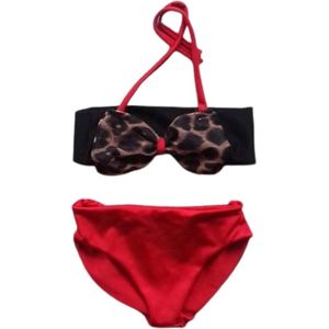 Maat 146 Bikini zwemkleding rood zwart dierenprint badkleding voor baby en kind rode zwem kleding met panterprint strik