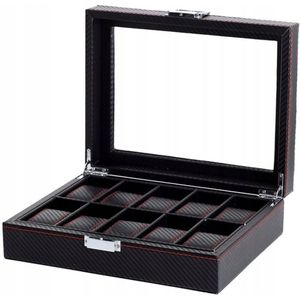 Elegante Zwarte Horlogedoos voor 10 Horloges met Rode Afwerking