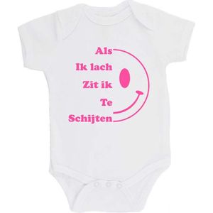 100% katoenen Romper bedrukt met grappige tekst Kado Cadeau Kraamkado Kraamcadeau ""Als ik Lach Zit ik Te Schijten"" Unisex Katoen Wit/roze Maat 68/74
