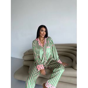 Fluwelen- Dames Pyjama Set- Luxe Pyjamaset- Nachtkleding-Gestreept- Groen Maat S