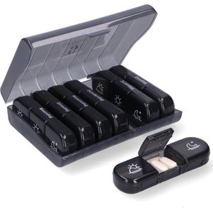 Gandria Pillendoos 7 Dagen - Uitneembaar Pillendoosje - Medicijndoos met 21 Compartimenten - Medicijndoos met Stevige Sluiting - 3 Vakken per Dag - Zwart