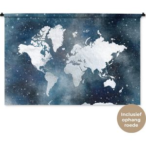 Wandkleed WereldkaartenKerst illustraties - Lichtgekleurde wereldkaart op een donkerblauwe geverfde sterrenhemel achtergrond Wandkleed katoen 120x80 cm - Wandtapijt met foto