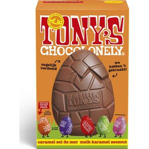 Tony's Chocolonely Chocolade Paasei Groot - Hol Ei met Melkchocolade en Karamel Zeezout + 5 Kleine Paaseieren - Paaschocolade - Paas Cadeau - Paascadeautjes voor Kinderen - 1 x 242 Gram